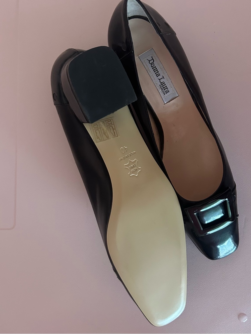 Donna Laura Venezia ItalianBlack  Leather Square-Toe Loafers with Buckle